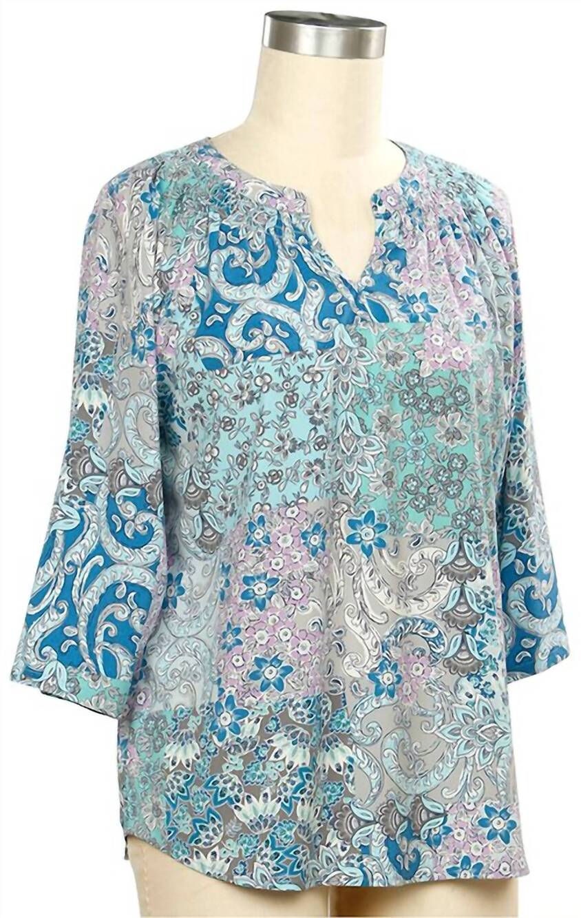 NEW N TOUCH women's 3/4 sleeve print smock neck blouse in castaway oahu
